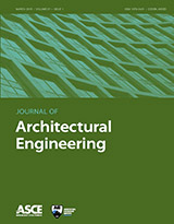 Journal of Architecture Engineering cover with an image of a curved building’s façade on a green background. The journal title, ASCE logo, and Architectural Engineering Institute logo are also on the cover.